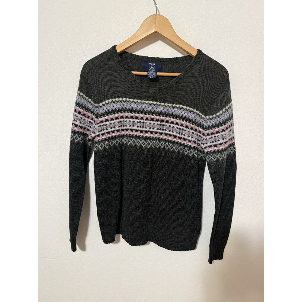 Vintage Hunt Club Wool Blend Fair Isle V-Neck Sweater Medium Hong Kong Dark Grey